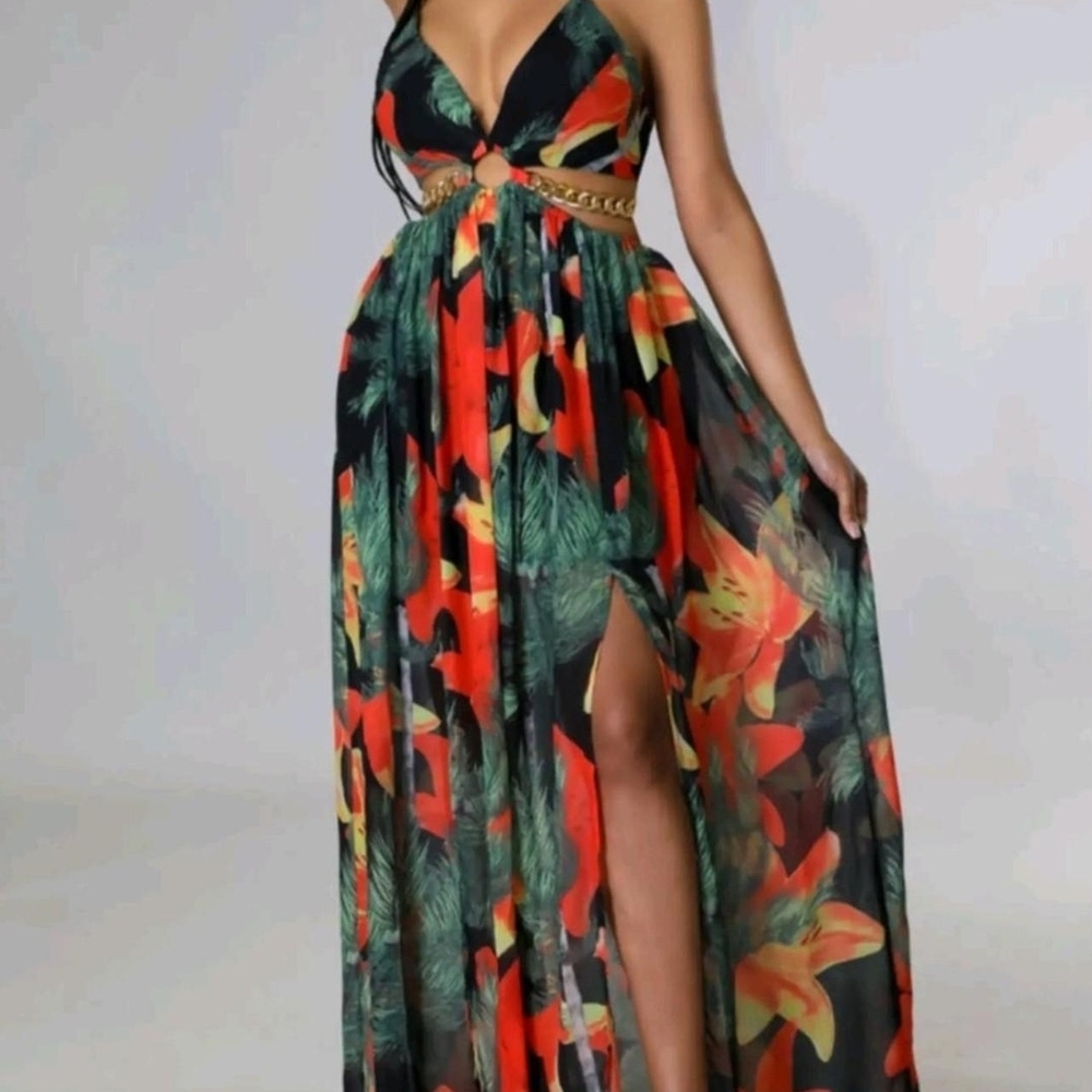 Source Unknown Floral Maxi Dress - Black, Red, Green